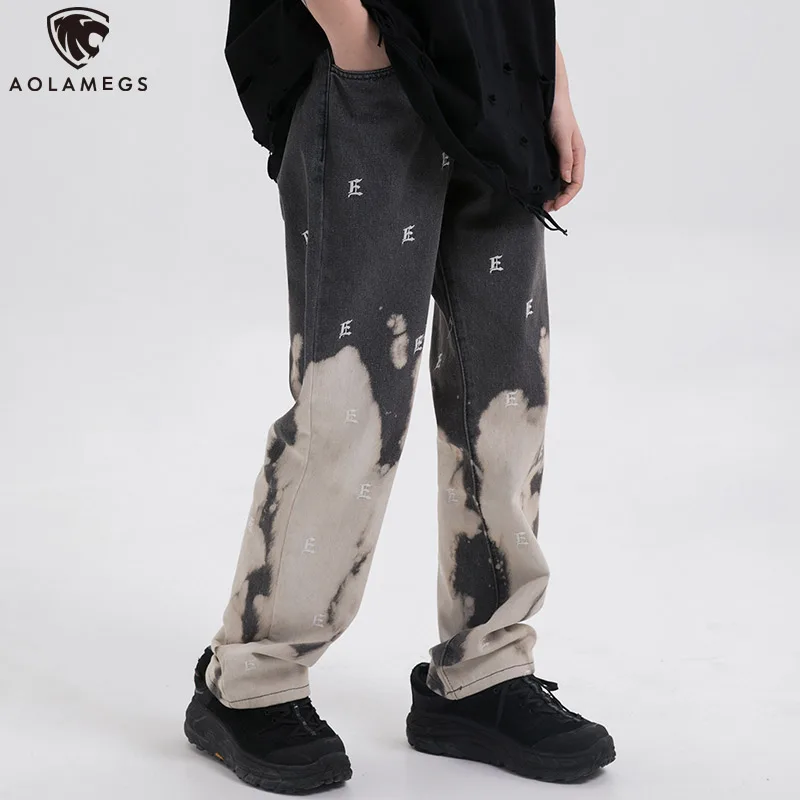 

Aolamegs Sweatpants Fashion Embroidery Pants Men Watercolor Hit Color Drawstring Elastic Waist Trouser Hip Hop Casual Streetwear