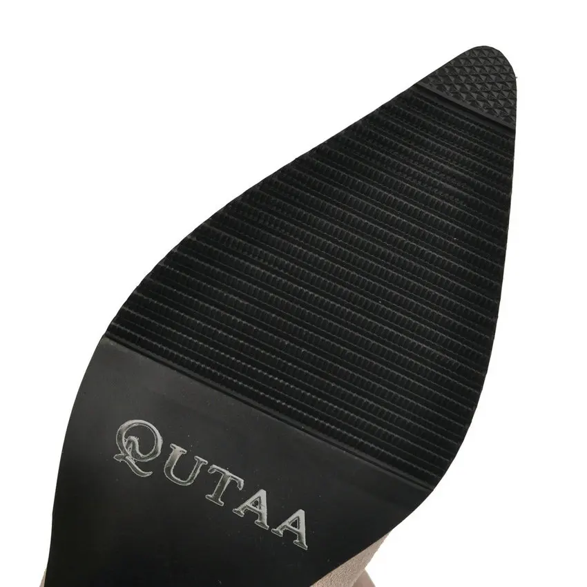 QUTAA/ г. Повседневные сапоги до колена из флока на высоком квадратном каблуке из искусственной кожи осенне-зимняя женская обувь без застежки с острым носком размер 34-43