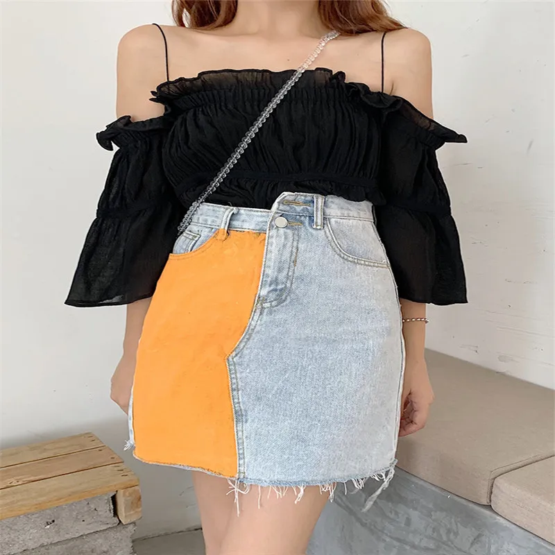 Lychee Harajuku выше колена тонкая женская юбка с высокой талией с кисточками Женская юбка модного цвета, в стиле пэчворк женские джинсовые юбки