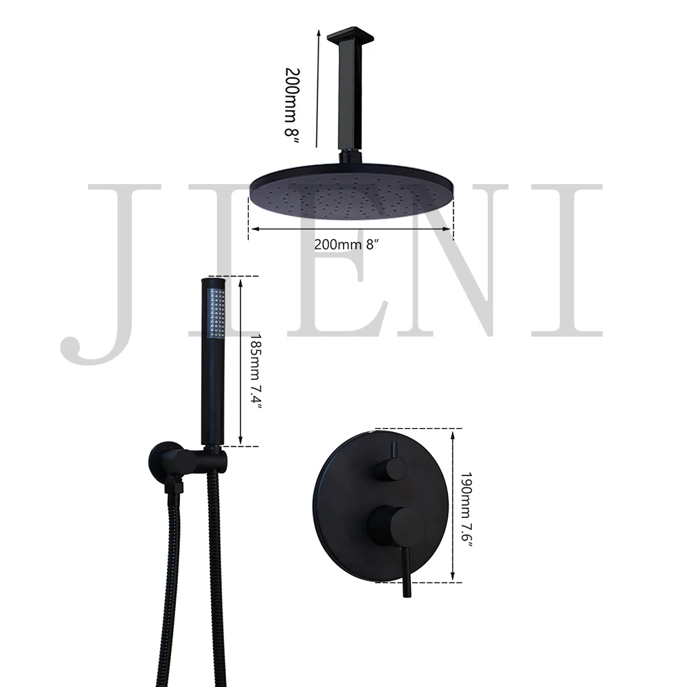 Description Picture 4 of itemJIENI 8 Inch Black Round Wall Mounted Bathroom Rainfall shower faucet Sets Oil Rubbed Bronze head & hand shower Shower Set