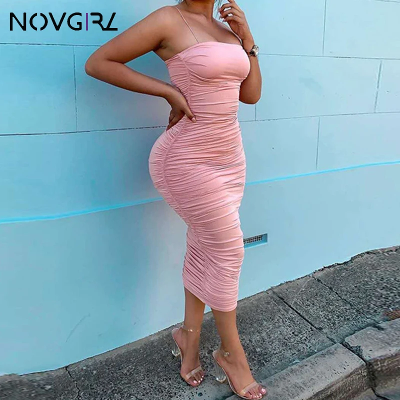 Женское двухслойное платье на бретельках Novgirl длинное облегающее с рюшами