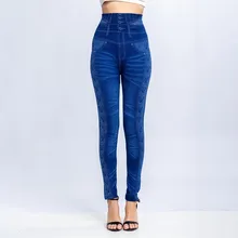 

Plus Size 3XL High Waist Faux Denim Jean Elastic Slim Leggings Seamless Skinny Pencil Pant Female Workout Running Faux Jeans A50