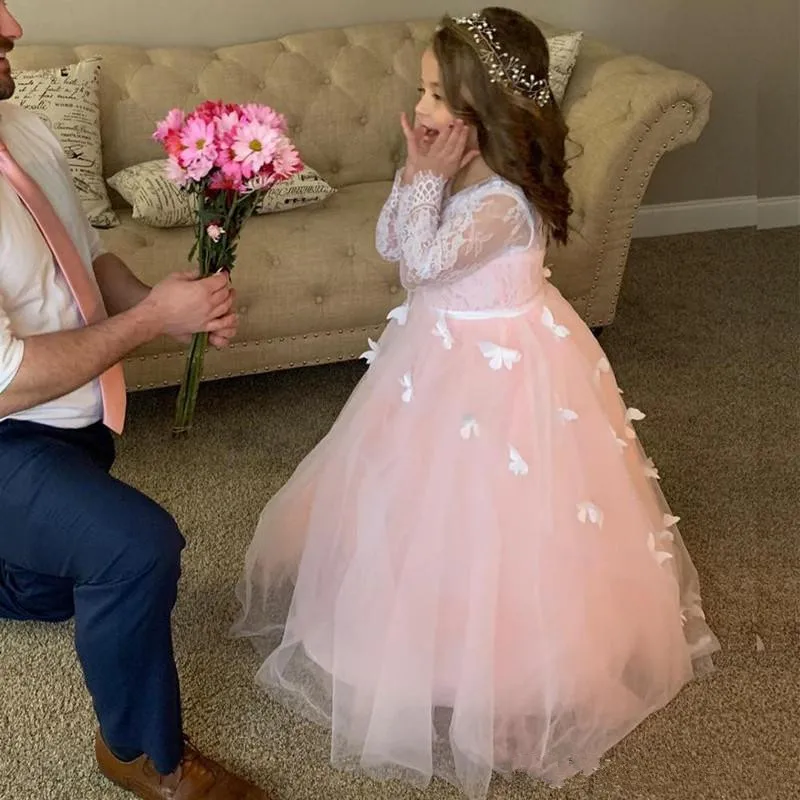 200Customzied Flower Girl Dress with Butterflies Belt Full Sleeves Buttons Jewel Neck Holy First Communion Gowns Robe De Fiesta
