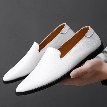 

Full Grain Genuine Leather White Loafers Men Casual Dress Shoes Korean British Style Elegant Man Shoe Quality Simple Brief 2020