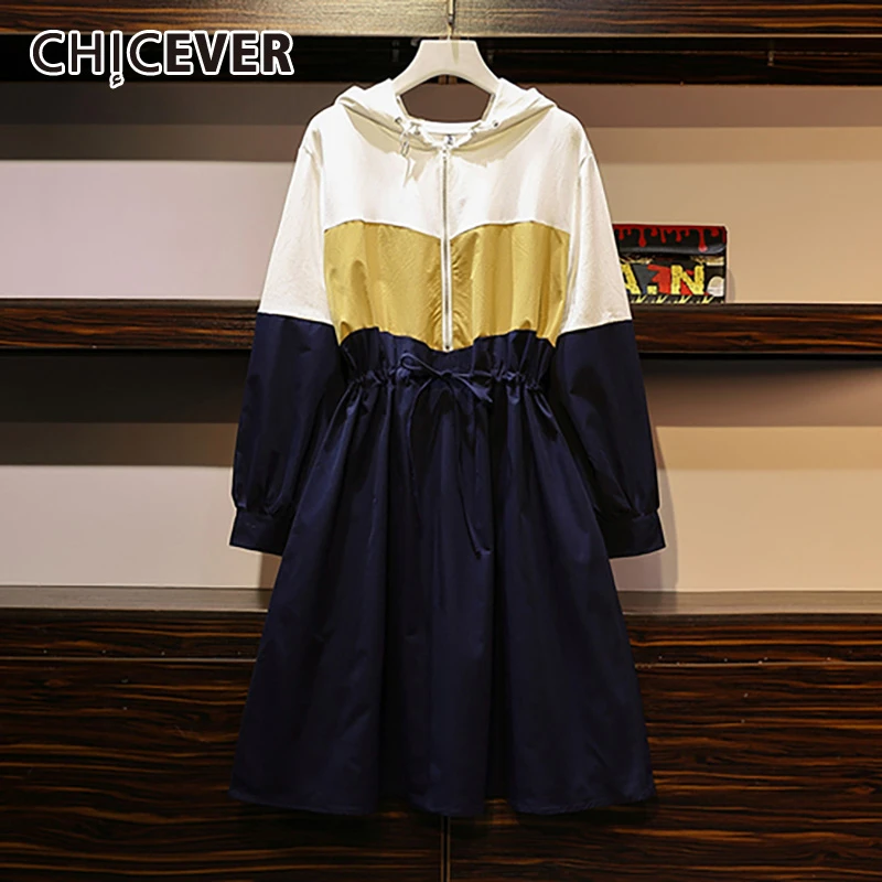 

CHICEVER Patchwork Hit Color Dress For Women Hooded Lantern Sleeve High Waist Sashes Plus Size Casual Dresses Female 2019 Autumn