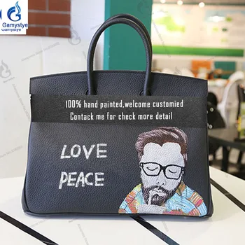 

Hand painted Man with glasses 2020 handbag designer bag crossbody bags for ladies messenger bag luxury Genuine leather bags