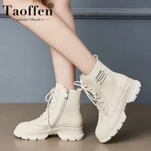 Taoffen Women Casual Winter Ankle Boots Real Leather Thick Sole Fashion Boots Round Toe Comfortable Snow Shoes Woman Size 35-39