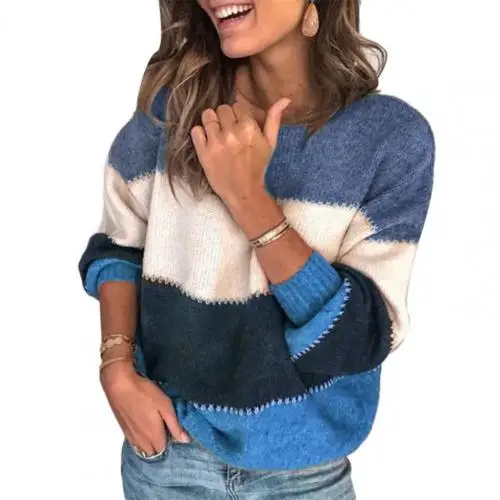 thumbnail image 1 of Suéter de rayas de moda para mujer, suéter de manga larga con cuello redondo para otoño e invierno, jersey de punto suelto con retazos para mujer, 1 of 5
