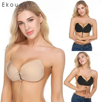 

Ekouaer Strapless Bra Self Adhesive Sticky Invisible Bra ReusablePush Up Backless Bra Female Sexy Brassiere Lingerie A B C D DD