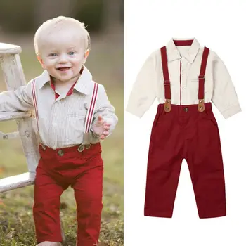 

Toddler Infant Xmas Baby Boys Clothes Set 2019 Gentleman Fall Long Sleeve Fall Tops Shirt Bib Red Pants Clothing Outfit 2Pcs