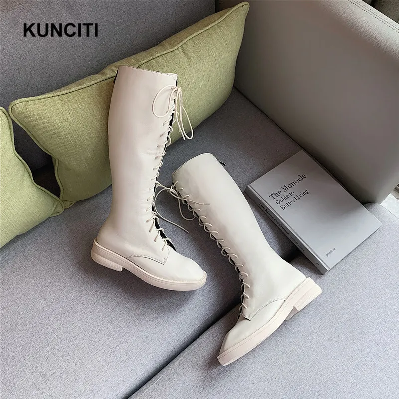 KUNCITI/; женские сапоги до колена из натуральной кожи; женские осенние высокие сапоги на шнуровке; модные дизайнерские женские высокие сапоги; B906