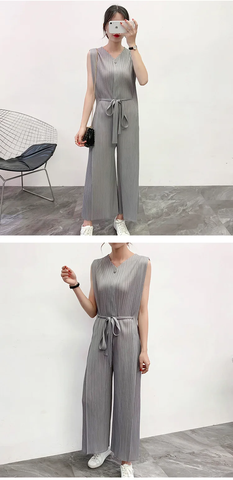 Miyake плиссированный, пожалуйста, женский комбинезон, однотонный, свободный, Повседневный, без рукавов, широкие ноги, боди, новая мода, женский комбинезон размера плюс