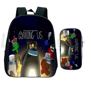 

Hot Game Among Us 2 Pcs/Sets Children's Backpack Kids Cute Rusksack Printed Cartoon Book Bags Boys Girls Pen Case Stationery Bag