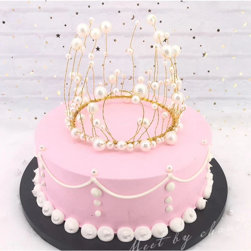 

Crown Tiara Cake Topper With LED Fairy Lights Crystal Pearl Children Hair Ornaments For Wedding Birthday Party Cake Decoration