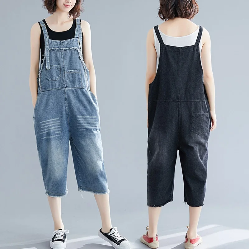 2019 Summer Vintage Jean Jumpsuit For Ladies Retro Capri Suspender Denim Overalls Loose Casual Jeans Women Dungarees OS085 | Женская