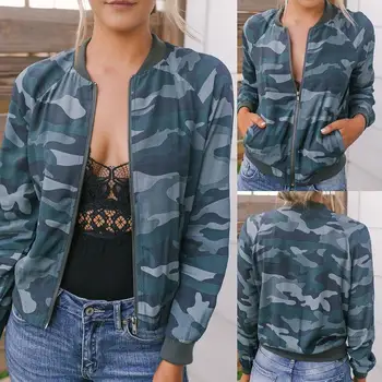 

Fashion Women Long Sleeve Camouflage Zipper Short Coat Pockets Varsity Jacket