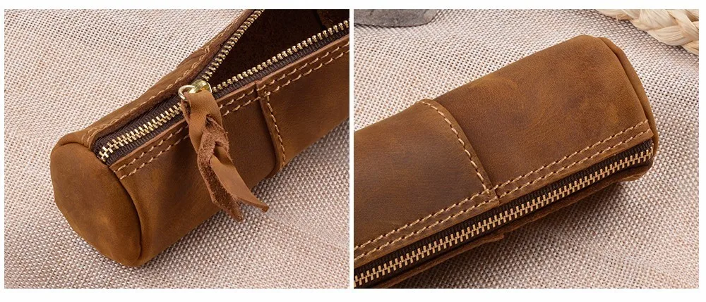 Genuine Leather Zipper Pen School Vintage Product Creative Pencil Stationary Model Trinodal Retro Handmade Bag Style