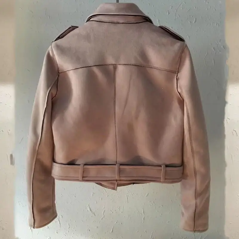 New Suede Leahter Jacket Women Fall Zipper Vintage Biker Jacket Ladies Turn-Down Collar Belt Short Coats Outwear