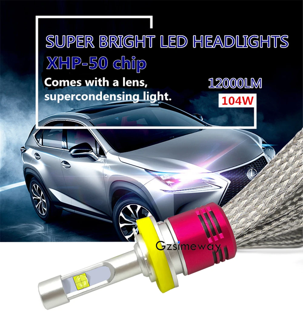 2 шт. Автомобильные фары H4 LED H7 H11 H1 H3 H9 9005 9012 лампочки Супер яркие с XHP50 4300K 6000K 104W HB4 881
