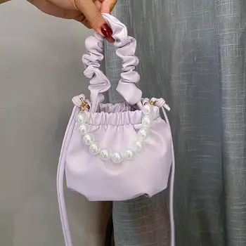 

Fashion Women Mini Totes Bag Pearl Pleated Handle Female PU Leather Elegant Small Sling Shoulder Crossbody Handbag