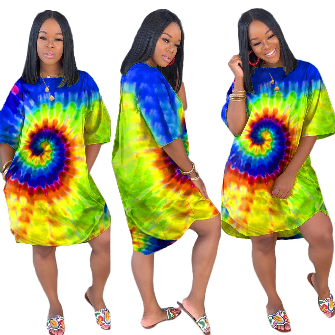 HAOYUAN Tie Dye, платье размера плюс, женская осенняя одежда, Robe Femme, больше размера d, Vestido, сексуальное Клубное рождественское платье, свободная футболка, платья - Цвет: dark blue