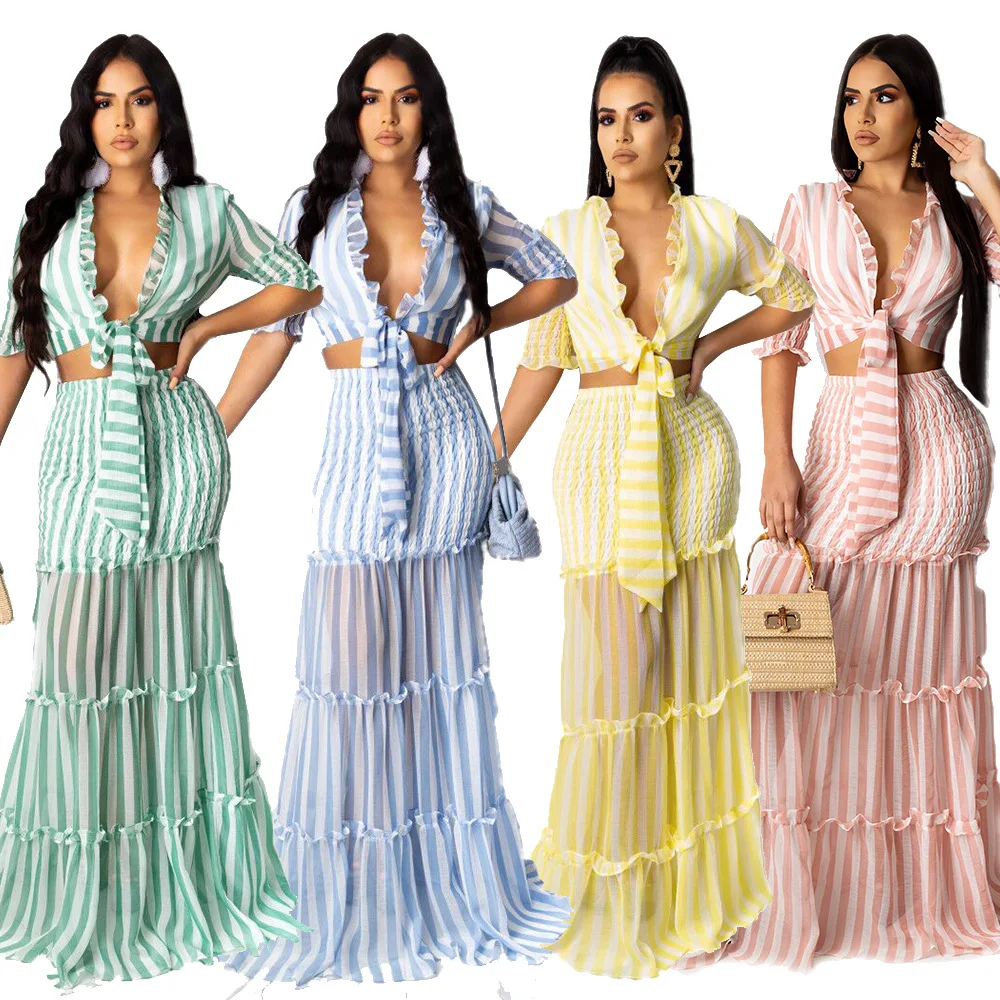 

European and American fashion women's hot style striped chiffon print ladies slim suit skirt evening dress skirt