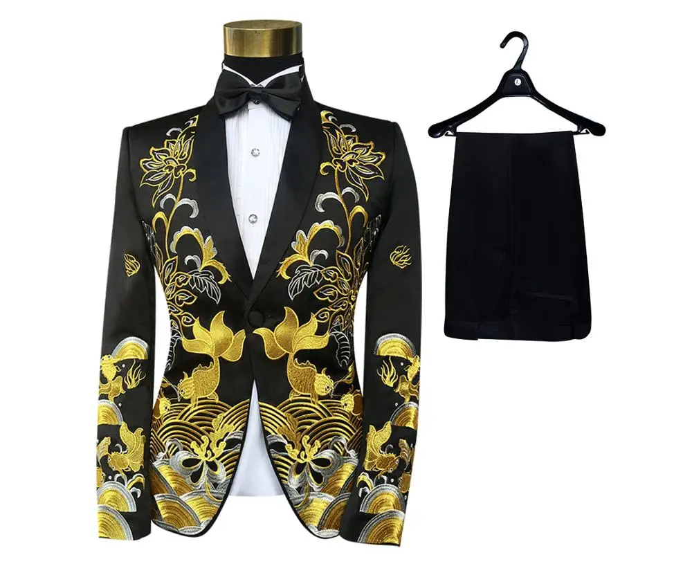 Jacket Pants Bowtie Мужские костюмы, платье, с блестками, с вышивкой, на одной пуговице, свадебный костюм, золотой и Красный смокинг, блейзер, брюки, галстук-бабочка, выпускной костюм, 4XL 5XL - Цвет: Jacket Pants Bowtie