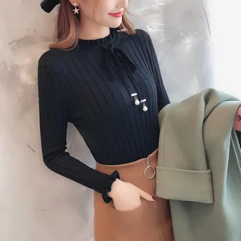 

Women Slim Knitted Sweater Long Sleeve Autumn Women Solid Color Pullovers Winter Petal Sleeve Bead Jumpers Feme
