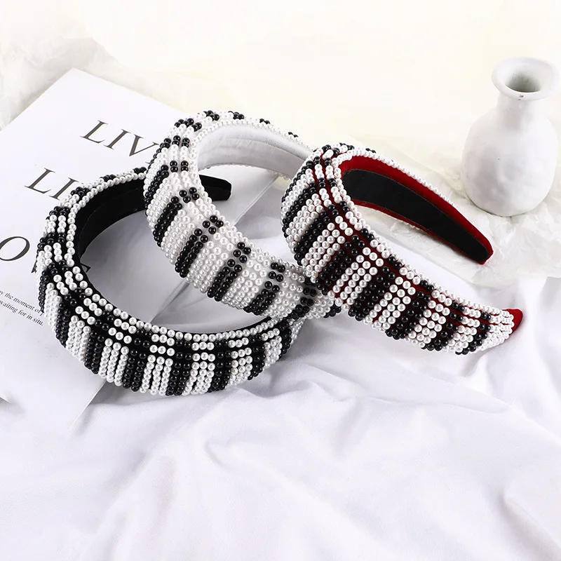 

Luxury Beaded Headband for Women Baroque Padded Hairband Sponge Bezel Black and White Beads Handmade Hair Hoops Hair Accessories