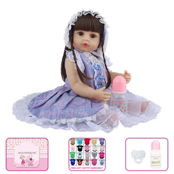 

21inch 55CM All Silicone Long Hair Smile Newborn Princess Reborn Baby Doll Purple Skirt Hat Birthday Gift Toy Soft Vinyl