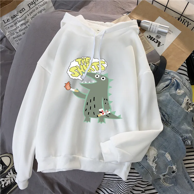Dinosaur white thick Зимний пуловер, женский свитер, Kawaii Poleron Mujer,, с карманами, с капюшоном, корейский уличный сверхразмерный, Harajuku, худи - Цвет: Dinosaur white thick
