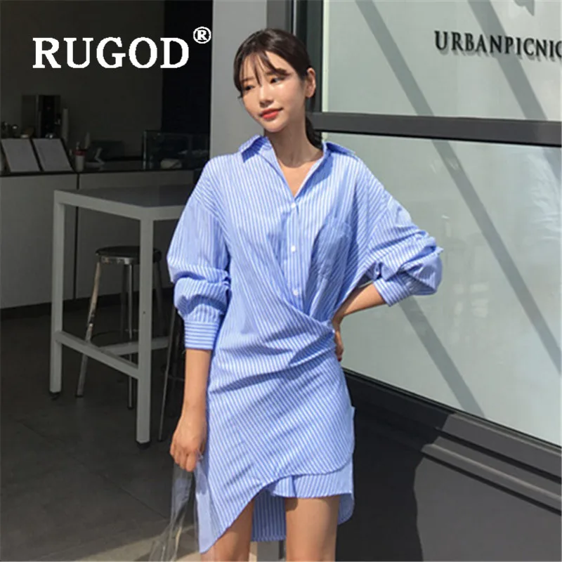 

RUGOD 2019 New Autumn Fashion Korean Style Stripe Print Blouse Ladies Long Sleeve Casual Midi Dress Women