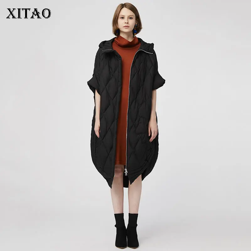 XITAO сплит длинное пуховое пальто Женская мода плюс размер Плиссированное Элегантное маленькое свежее повседневное свободное пуховое пальто в этническом стиле GCC2468 - Цвет: black GCC2468