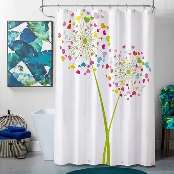 

Shower Curtains Brown and Green Floral,Spring Dandelion Flower with Heart Shaped Colorful Petals Romance Love