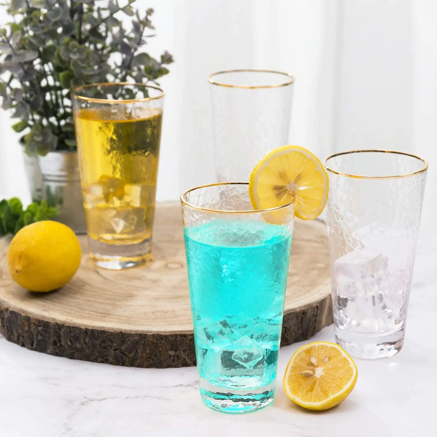 Iridescent Tumblers Water, Soda, Juice, Cocktail Drinking Beverage Glasses with Gold Rim Highball Drinking Glasses for everyday