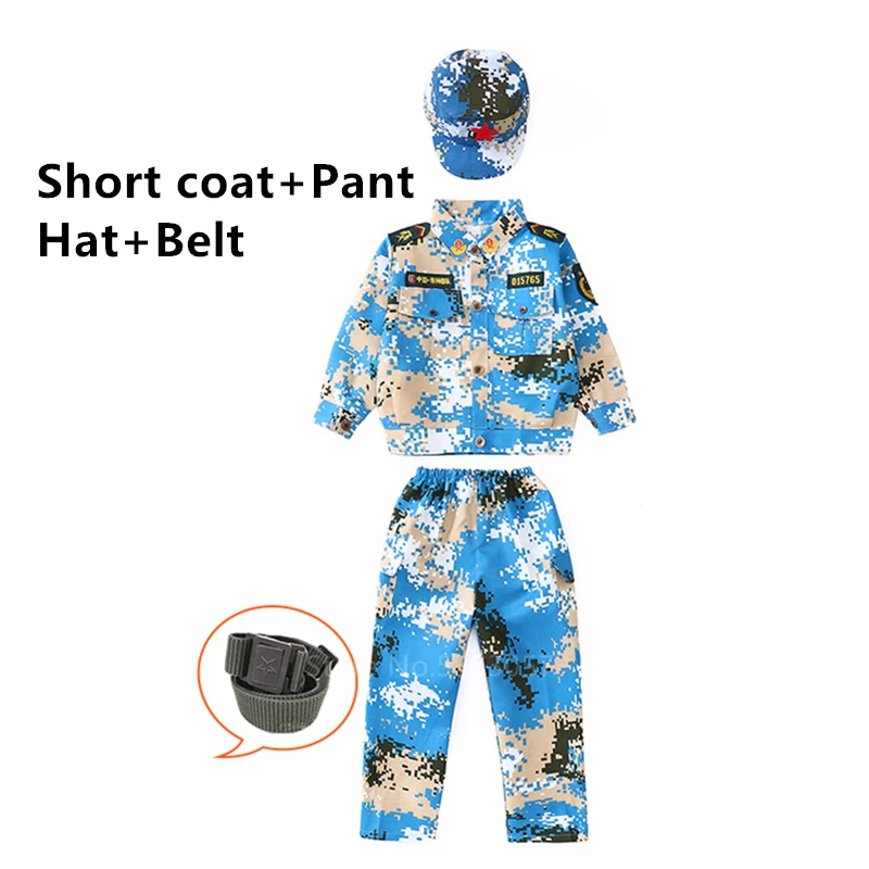 Камуфляжная одежда для мальчиков, детская армейская Униформа спецназа, костюмы для сцены, топ+ штаны+ ремень+ шапка, комплект, 110-160 см - Цвет: Style5