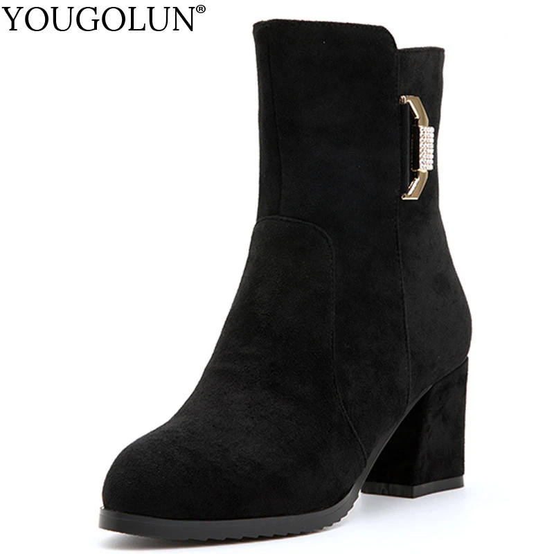

Flock Ankle Boots Women Autumn Winter Woman High Thick Heels A321 Fashion Ladies Crystal Decoration Zipper Round Toe Black Shoes