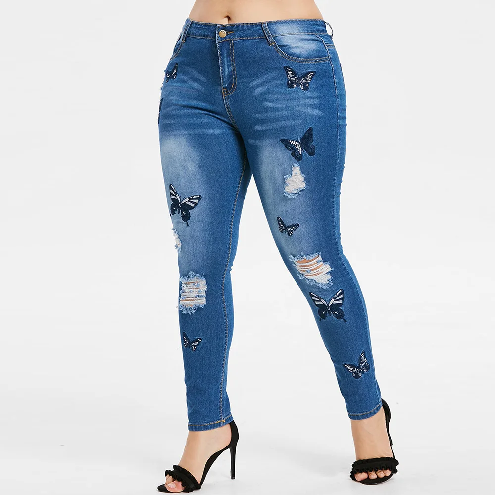 Ceny ROSEGAL Plus rozmiar motyl haftowane porwane jeansy Zipper Fly kobiety wysokiej talii ołówek spodnie Casual Big Size tunika spodnie