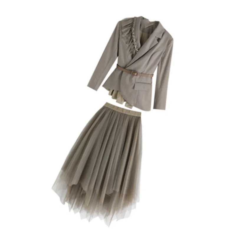 2024 New Women Oversized Suit Long Coat Mesh Skirt Two-Piece Set Autumn Spring Female Elegant Solid Blazer Dress Suits With Belt