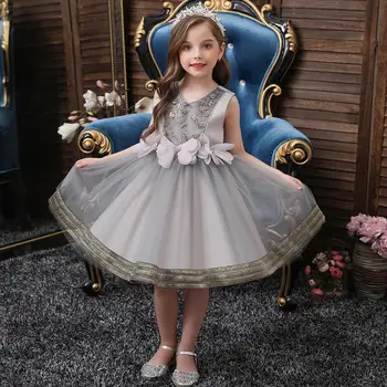 

Grey Girls Dress for party Baby Girls Ball Gown Dresses for Birthday Blingbling Flowers Bow Gown Wedding Dress Children Clothes