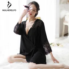 V образным вырезом Кружева Перспектива сшивание с длинными рукавами халаты для женщин осень сплошной белье мода элегантный сексуальный Ночная рубашка