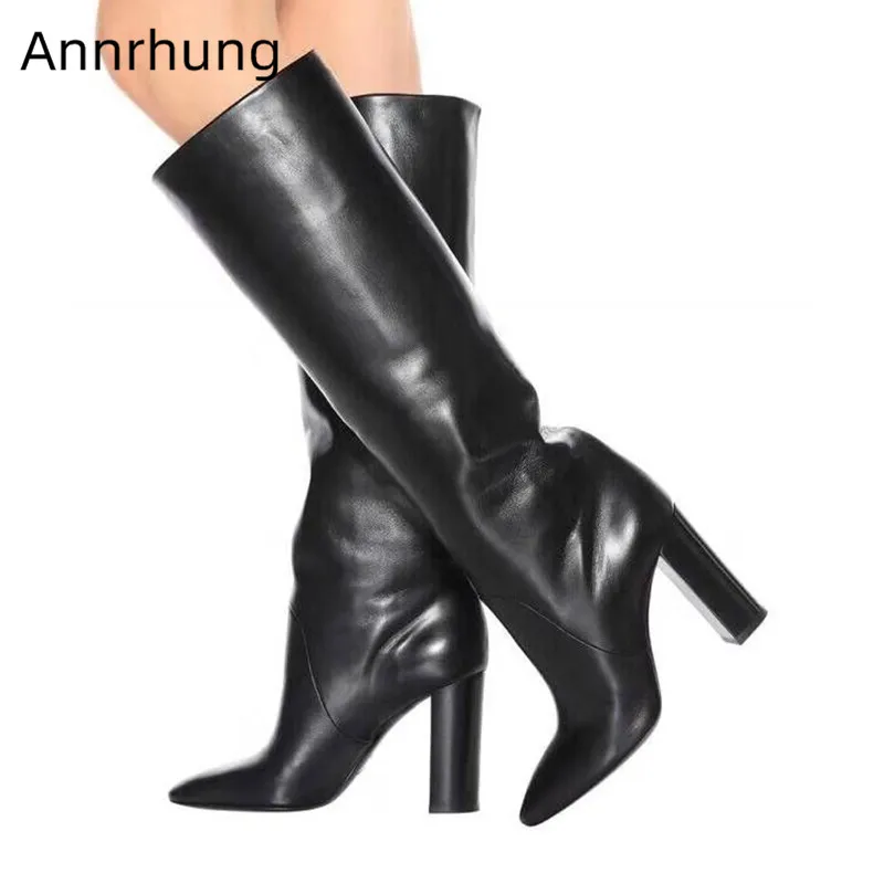 

Concise Genuine Leather Boots Women 10cm Square High Heel Mid Calf Boots Side Zipper Runway Botas Pointed Toe Long Botas Mujer