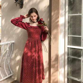 

Retro Hepburn Style Patchwork Polka Dot Ruffles Sleeve Dress for Women Slash Neck Slim Waist Long-sleeved Dress Mid-calf