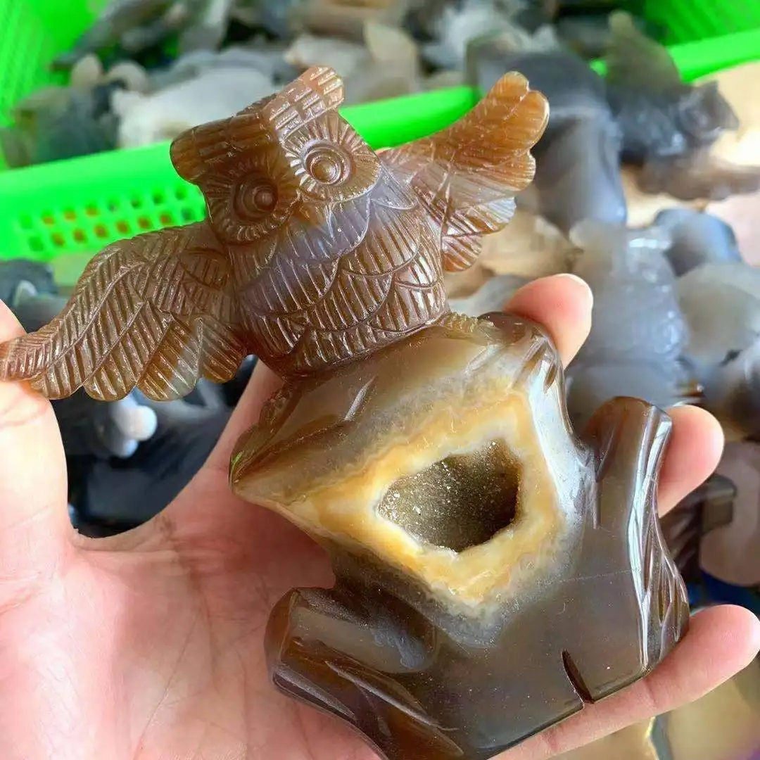 

Натуральный агат геодезическая Сова Фигурка ручной работы кварцевый кристалл кластер Сова целебный Кристалл Камень ремесла украшение дома