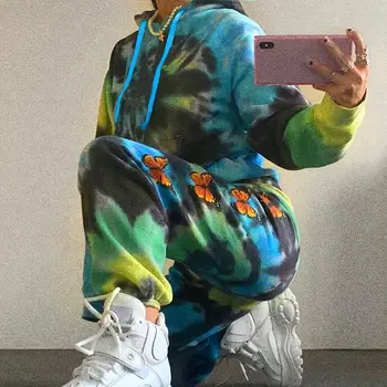 

New Set Women Tracksuits Tie Die Sweatpants And Hoodies Butterfly Printed Sweatshirt Loose Hoodies Joggers Two Pieces Sets