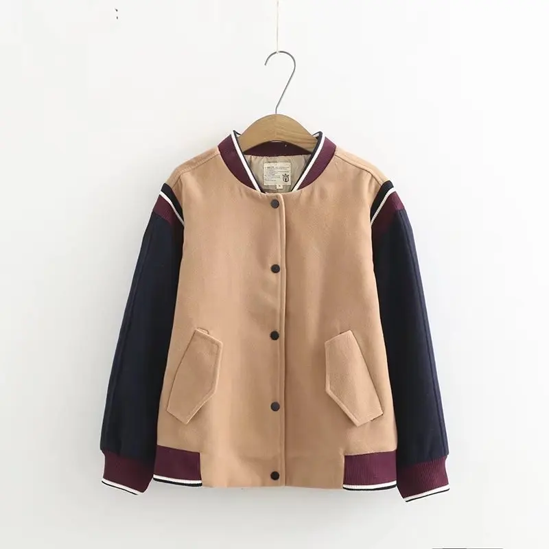 Japanese-style Mori Girl Line Fall And Winter Clothes New Style Contrast Color Stand Collar Woolen Baseball Uniform Coat Wo