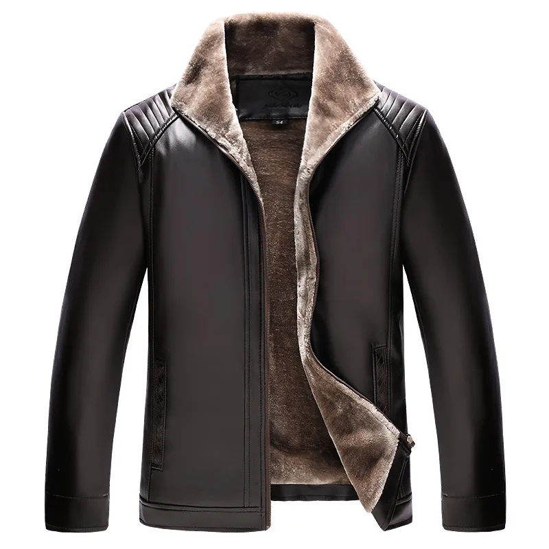 Зимняя новая мужская кожаная и бархатная утолщенная меховая кожаная куртка с отворотом теплая одежда для среднего возраста мужская куртка для отдыха