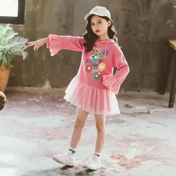 

Child Hoodies for Teen Girls Teenagers 12 Years Sun Flowers Pattern Spring Fall Long Sleeve Lace Top Korean Pink Long Sweatshirt