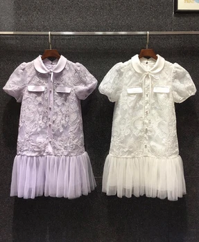 

2020 Spring and Summer New Women's Lapel Lace-up Knotted Embroidered Neckline Mesh Stitching Short-Sleeve Dress 712