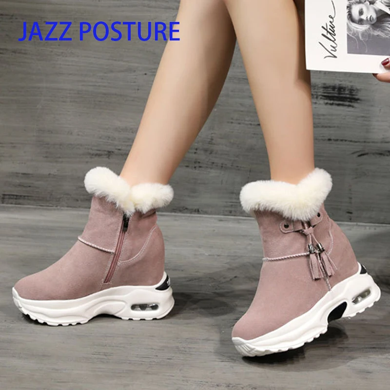 Женская зимняя Брендовая обувь; теплые удобные ботильоны на танкетке; высококачественные женские зимние ботинки из воловьей кожи с кроличьим мехом; z405